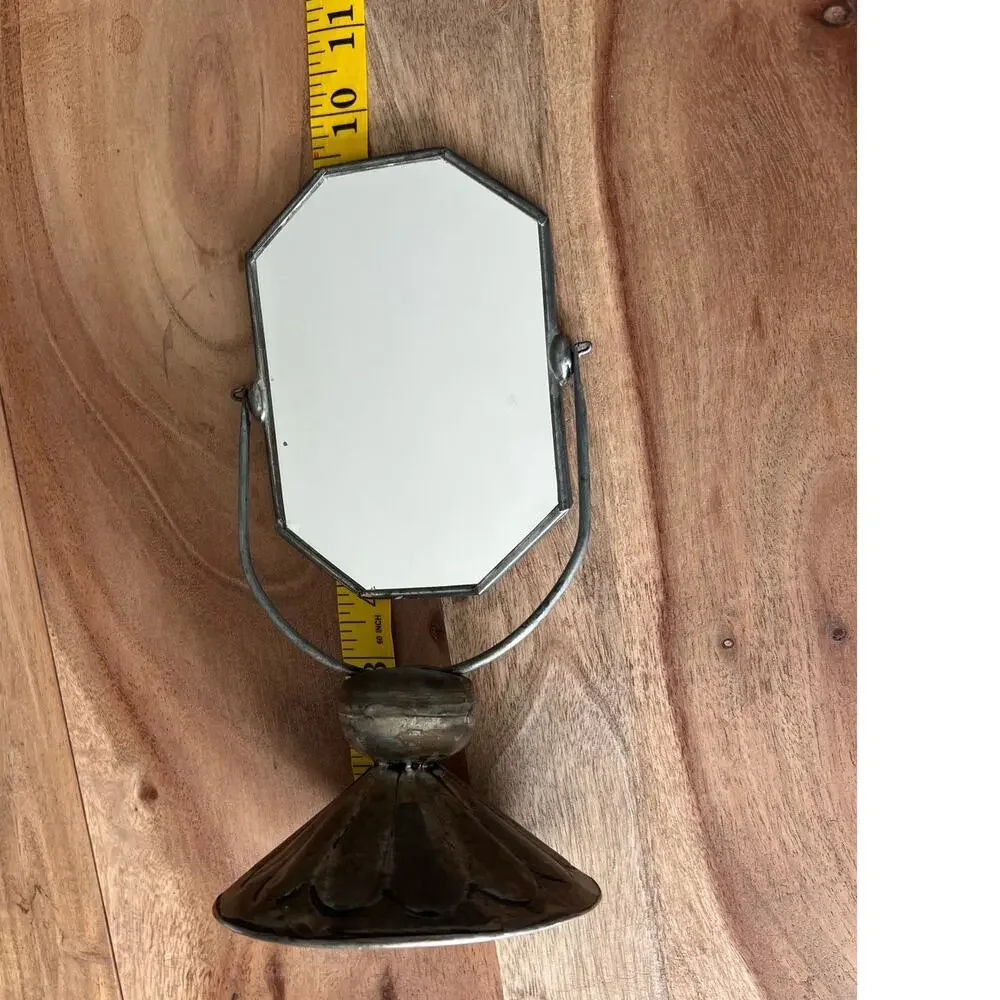 80's  vintage pewter mirror octagonal vanity Spanish Colonial table swivel base